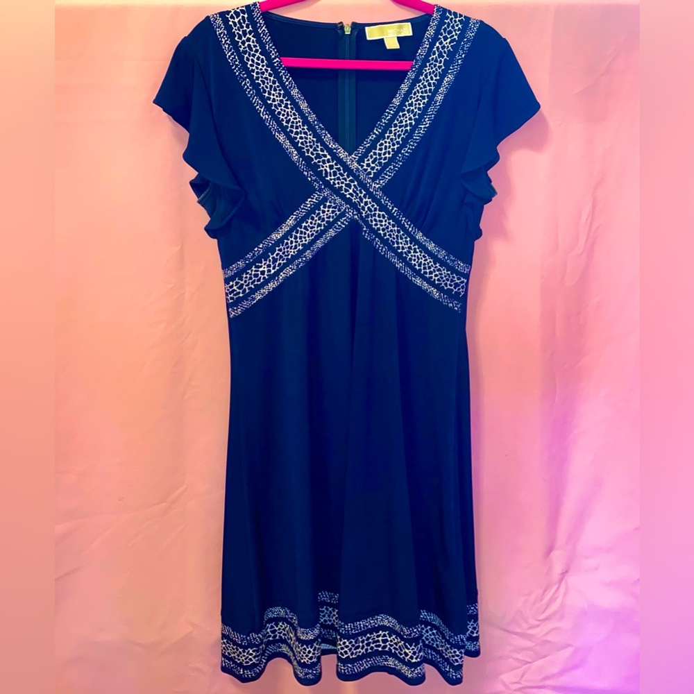 Michael Kors Dress Navy Blue White Office Sun V-Neck Shortsleeve Large